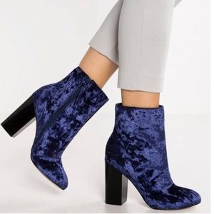 Blue crushed velvet booties